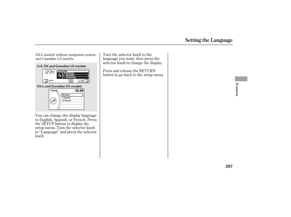 Setting the language | HONDA 2012 Pilot User Manual | Page 305 / 682