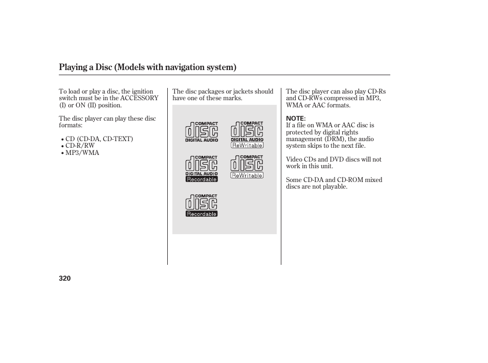 Playing a disc (models with navigation system) | HONDA 2012 Pilot User Manual | Page 328 / 682