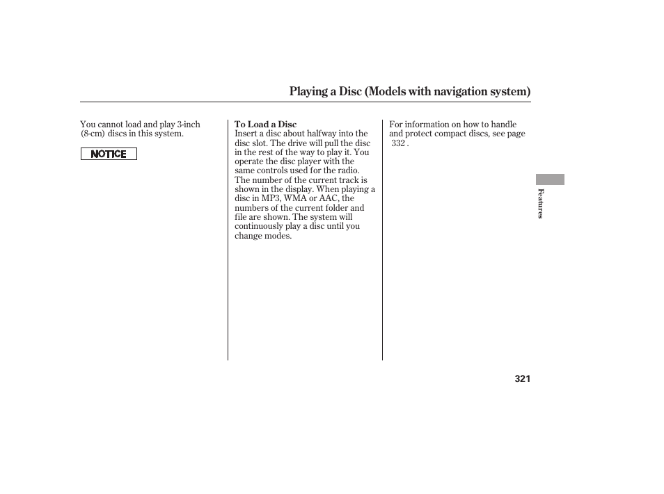 Playing a disc (models with navigation system) | HONDA 2012 Pilot User Manual | Page 329 / 682