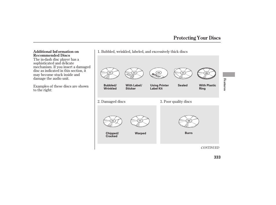 Protecting your discs | HONDA 2012 Pilot User Manual | Page 341 / 682