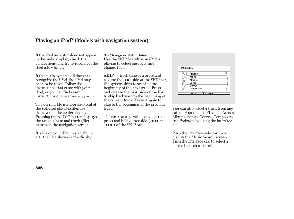 Playing an ipod (models with navigation system) | HONDA 2012 Pilot User Manual | Page 374 / 682