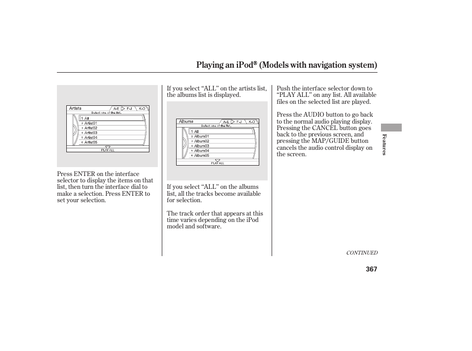 Playing an ipod (models with navigation system) | HONDA 2012 Pilot User Manual | Page 375 / 682