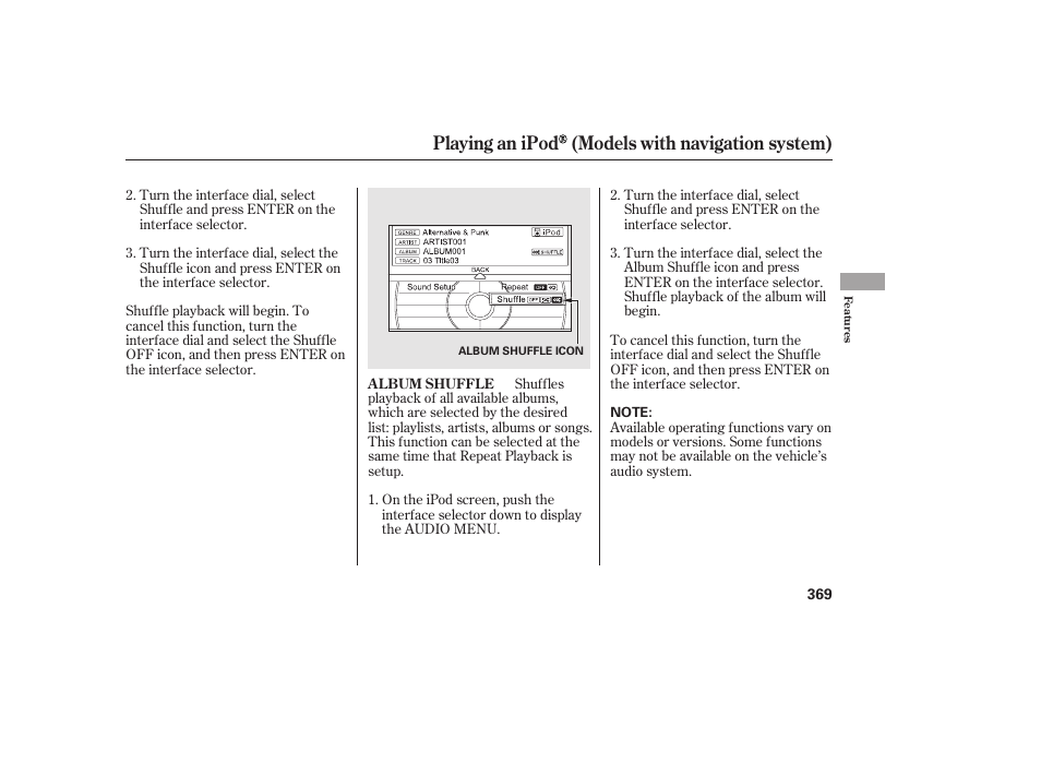 Playing an ipod (models with navigation system) | HONDA 2012 Pilot User Manual | Page 377 / 682