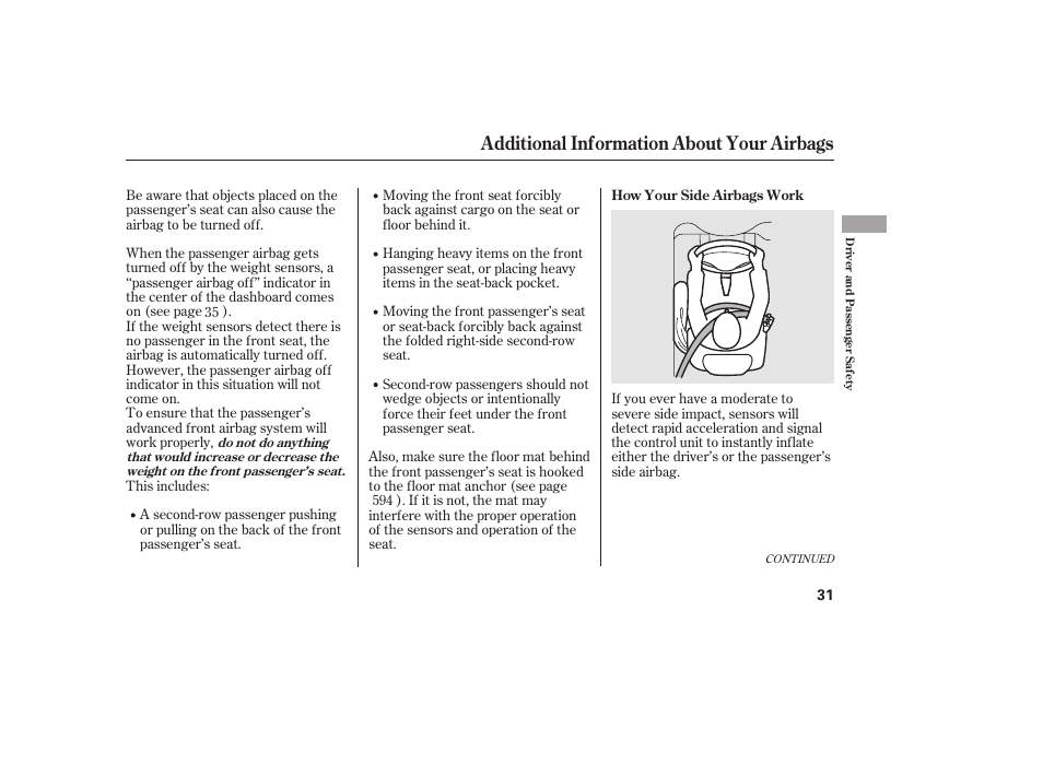 Additional information about your airbags | HONDA 2012 Pilot User Manual | Page 39 / 682