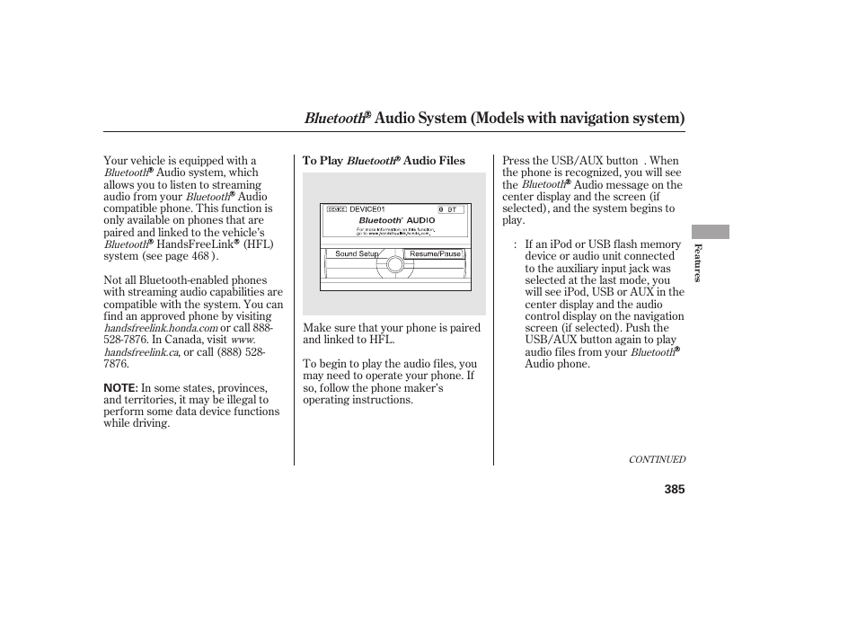Audio system (models with navigation system), Bluetooth | HONDA 2012 Pilot User Manual | Page 393 / 682