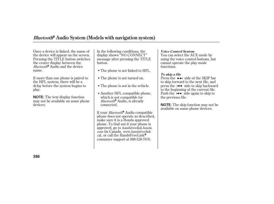 Audio system (models with navigation system), Bluetooth | HONDA 2012 Pilot User Manual | Page 394 / 682