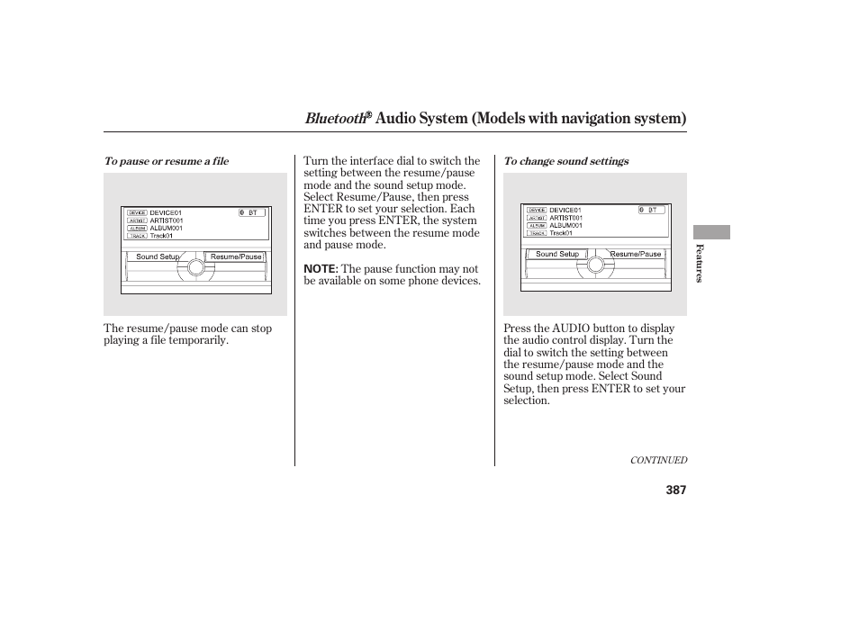 Audio system (models with navigation system), Bluetooth | HONDA 2012 Pilot User Manual | Page 395 / 682
