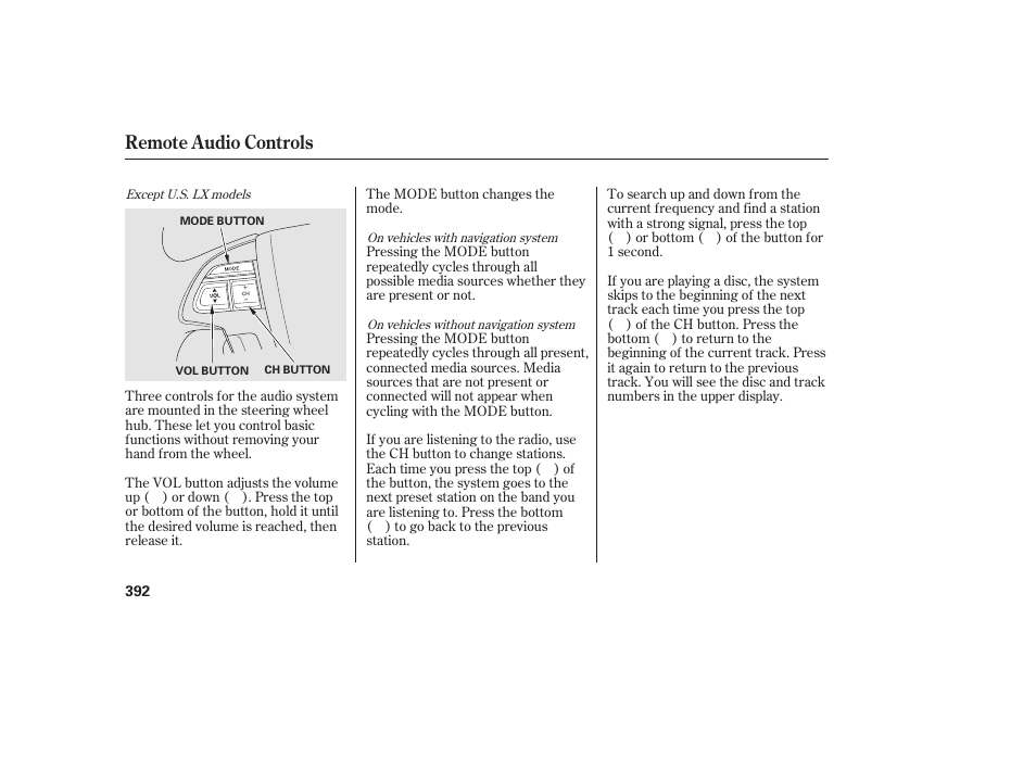 Remote audio controls | HONDA 2012 Pilot User Manual | Page 400 / 682