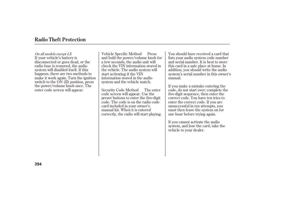 Radio theft protection | HONDA 2012 Pilot User Manual | Page 402 / 682