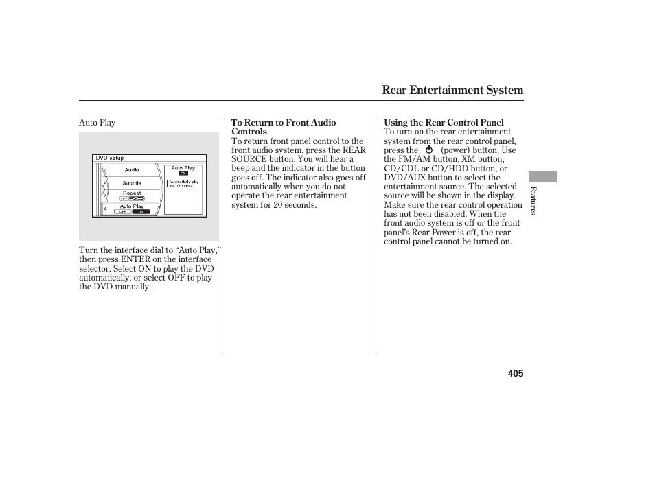 Rear entertainment system | HONDA 2012 Pilot User Manual | Page 413 / 682