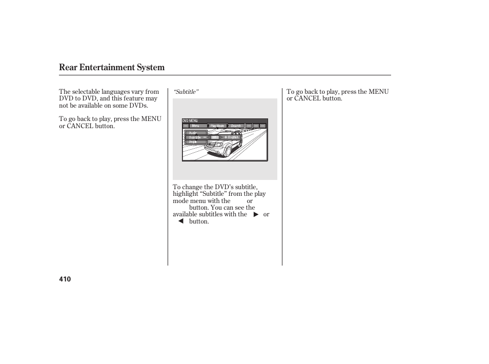 Rear entertainment system | HONDA 2012 Pilot User Manual | Page 418 / 682