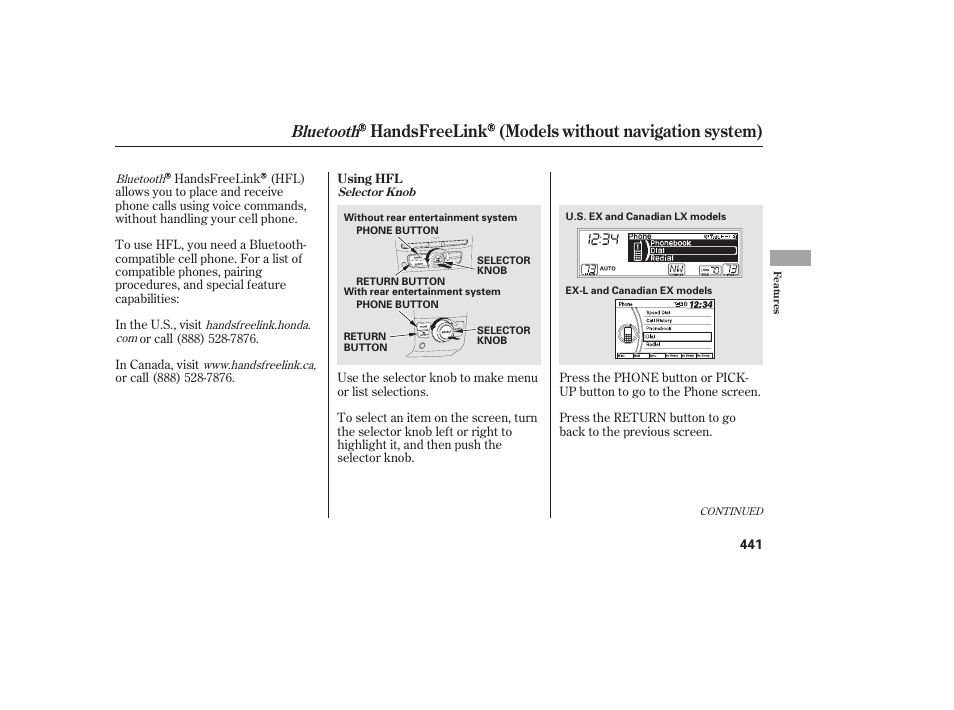 Handsfreelink (models without navigation system), Bluetooth | HONDA 2012 Pilot User Manual | Page 449 / 682