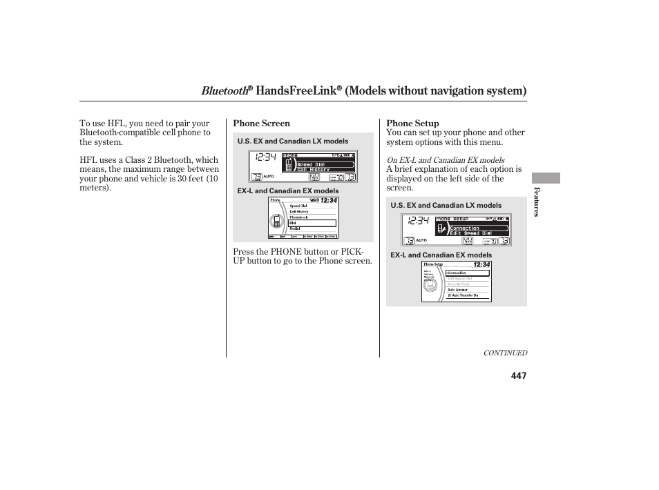 Handsfreelink (models without navigation system), Bluetooth | HONDA 2012 Pilot User Manual | Page 455 / 682