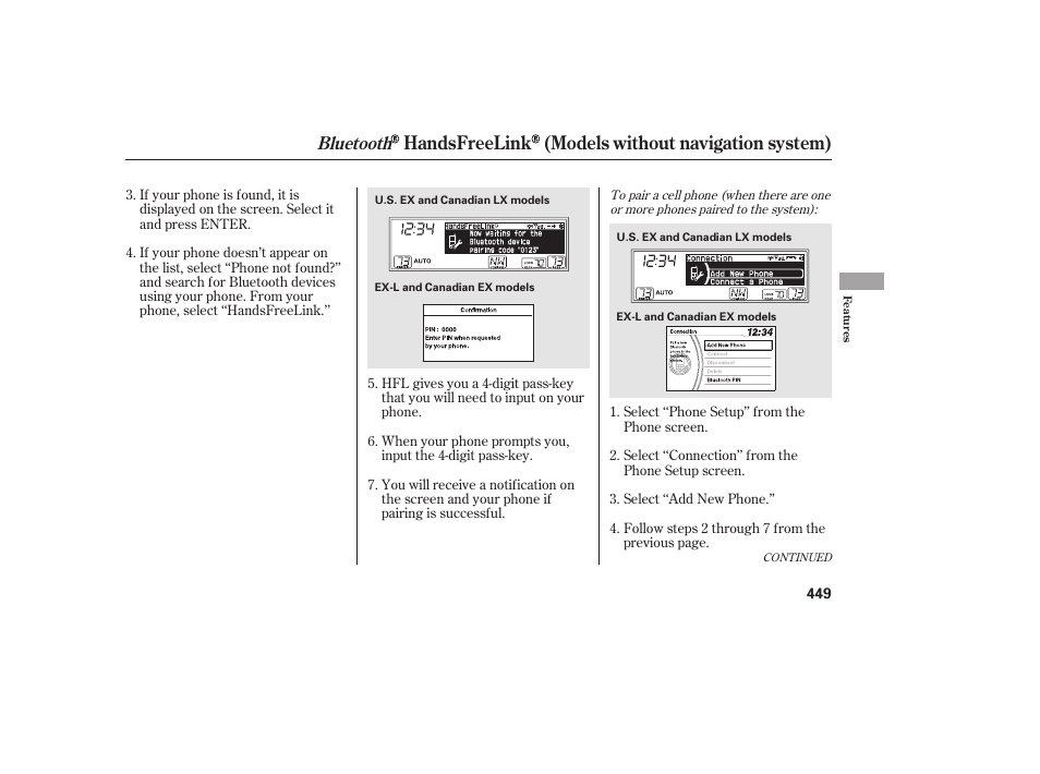 Handsfreelink (models without navigation system), Bluetooth | HONDA 2012 Pilot User Manual | Page 457 / 682