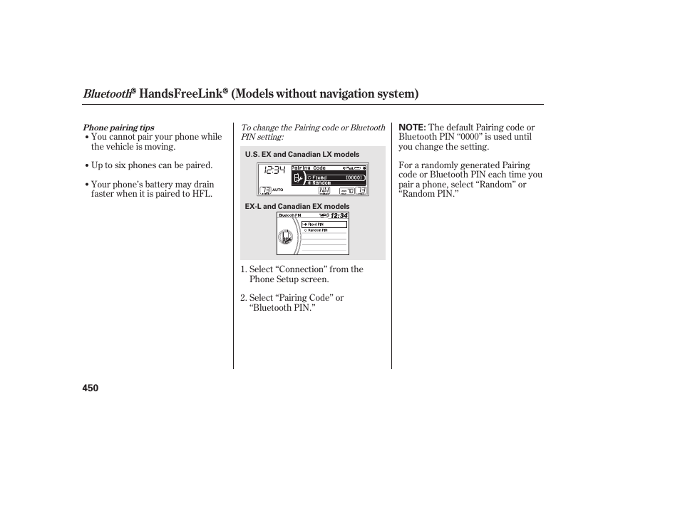 Handsfreelink (models without navigation system), Bluetooth | HONDA 2012 Pilot User Manual | Page 458 / 682