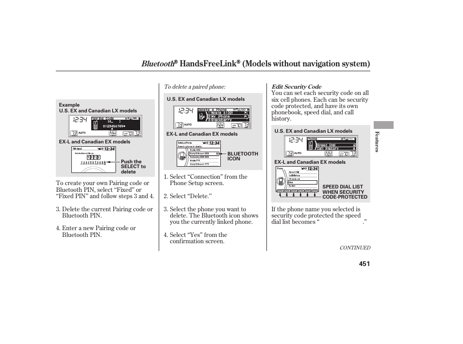 Handsfreelink (models without navigation system), Bluetooth | HONDA 2012 Pilot User Manual | Page 459 / 682