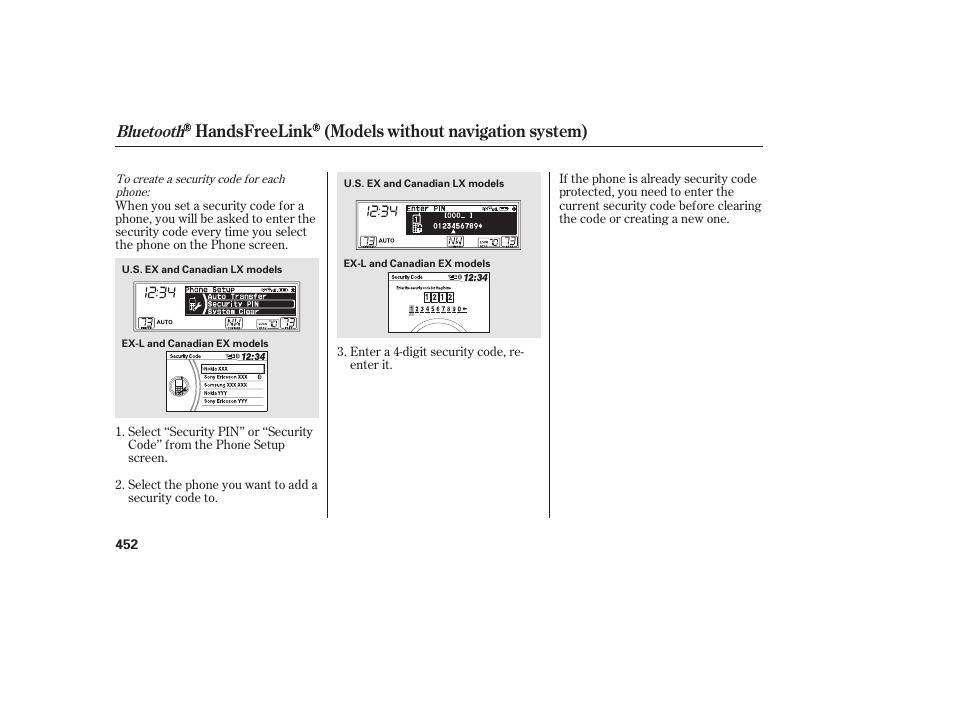 Handsfreelink (models without navigation system), Bluetooth | HONDA 2012 Pilot User Manual | Page 460 / 682