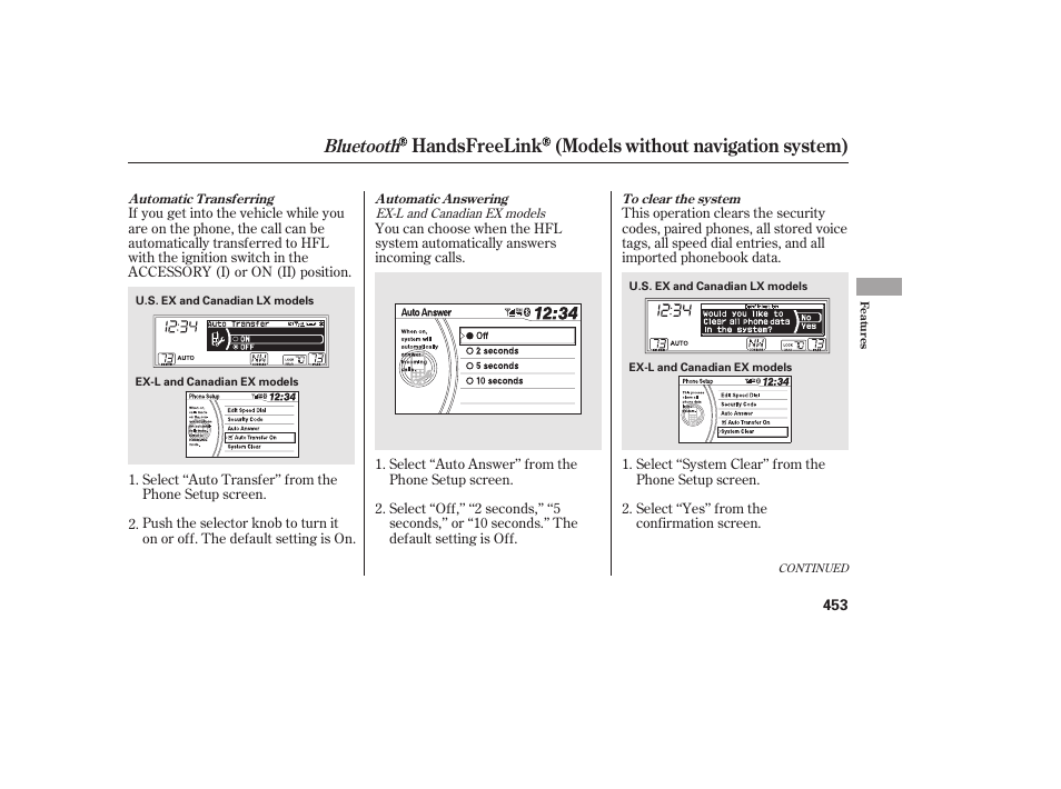 Handsfreelink (models without navigation system), Bluetooth | HONDA 2012 Pilot User Manual | Page 461 / 682