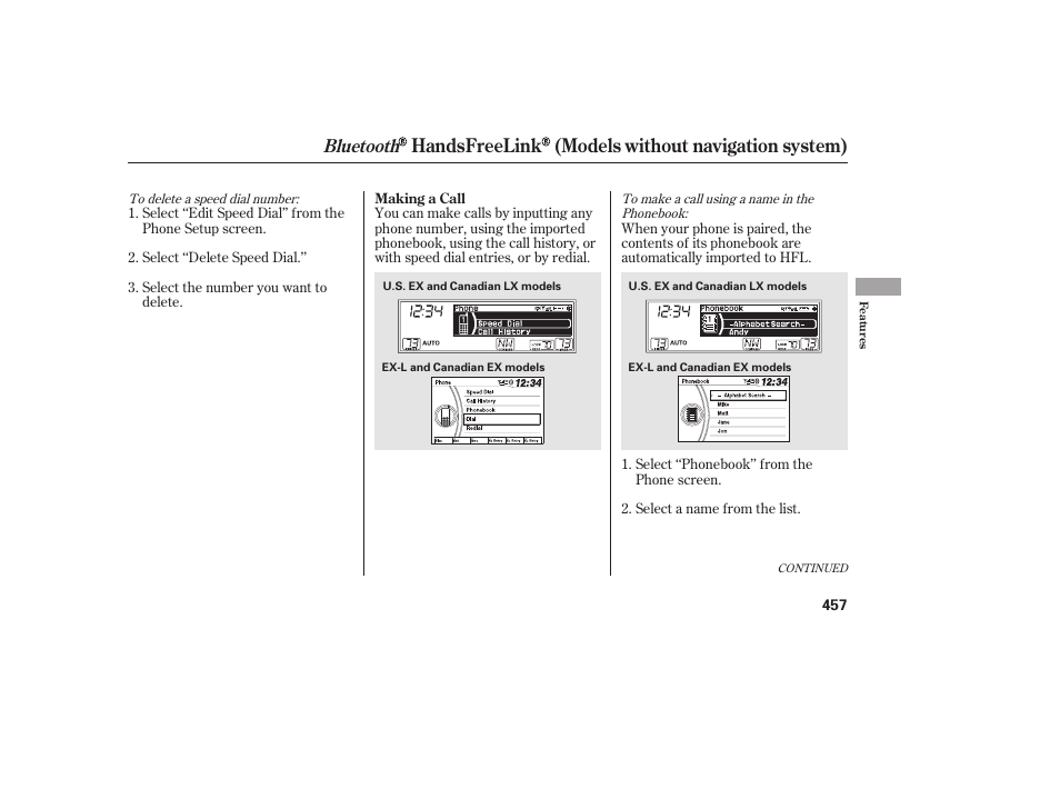 Handsfreelink (models without navigation system), Bluetooth | HONDA 2012 Pilot User Manual | Page 465 / 682