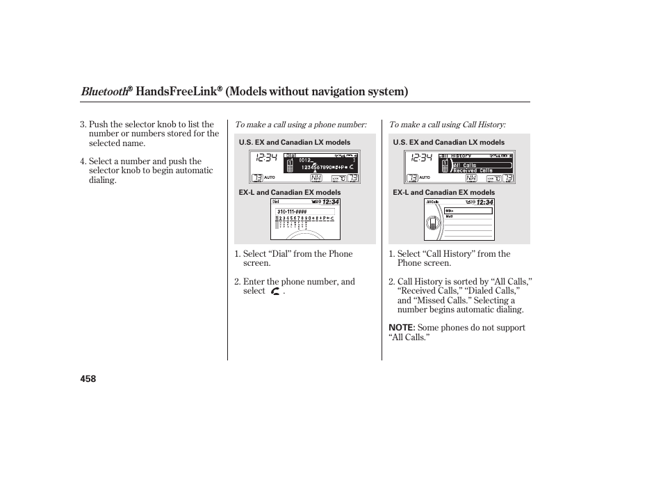 Handsfreelink (models without navigation system), Bluetooth | HONDA 2012 Pilot User Manual | Page 466 / 682