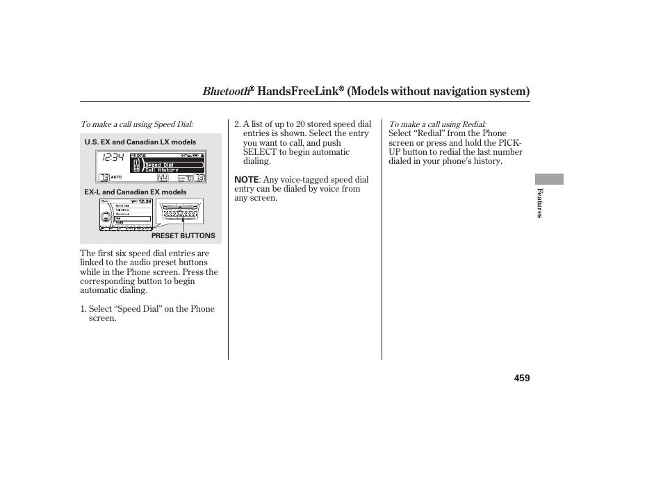 Handsfreelink (models without navigation system), Bluetooth | HONDA 2012 Pilot User Manual | Page 467 / 682
