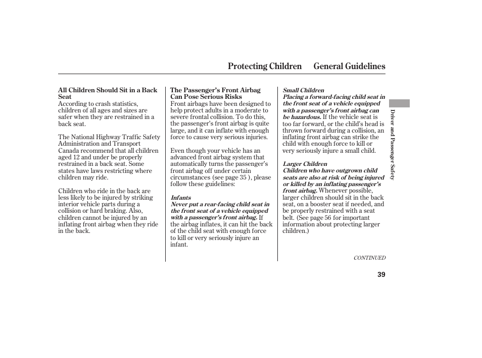Protecting children general guidelines | HONDA 2012 Pilot User Manual | Page 47 / 682