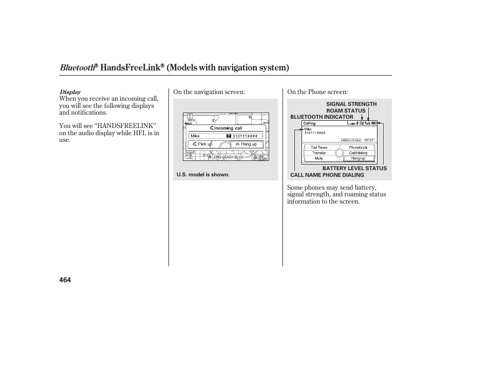 Handsfreelink (models with navigation system), Bluetooth | HONDA 2012 Pilot User Manual | Page 472 / 682