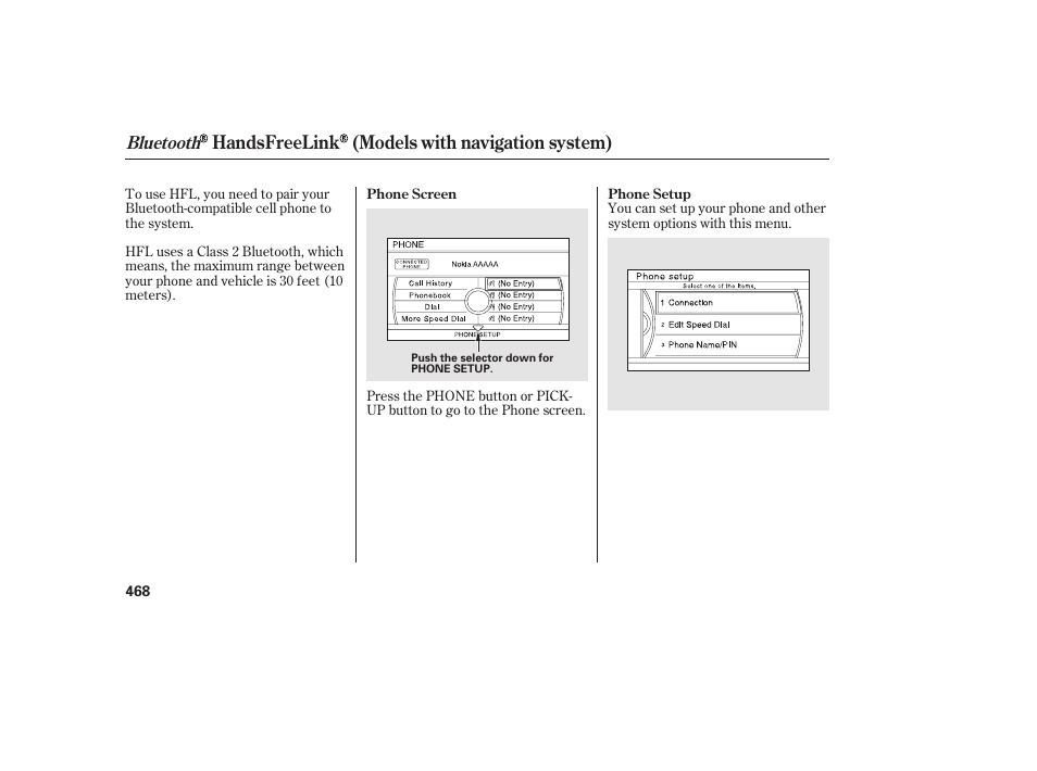 Handsfreelink (models with navigation system), Bluetooth | HONDA 2012 Pilot User Manual | Page 476 / 682