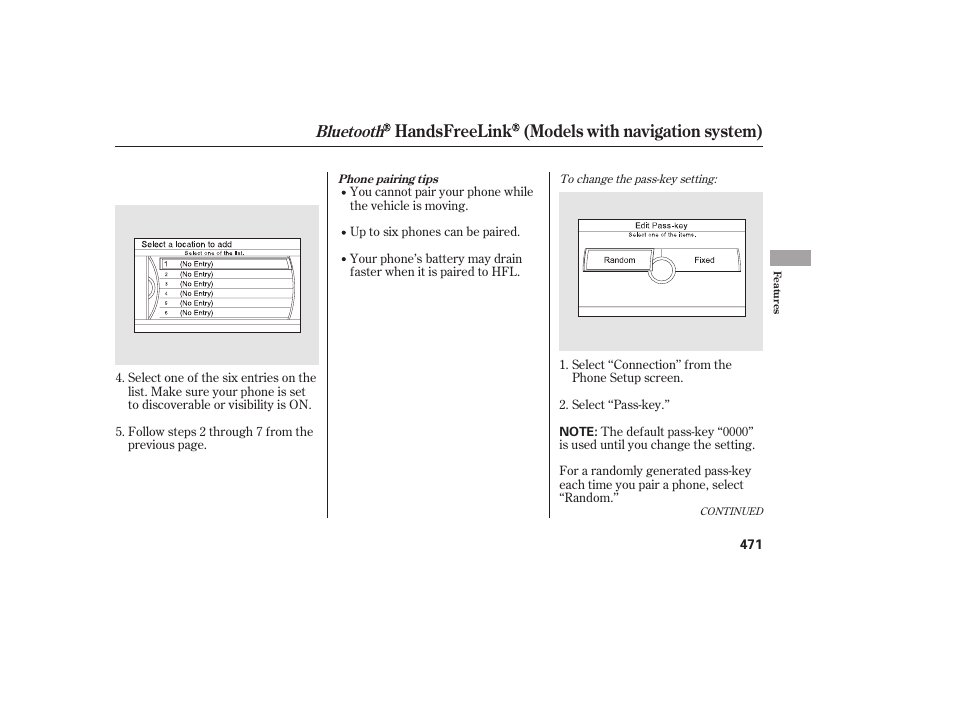 Handsfreelink (models with navigation system), Bluetooth | HONDA 2012 Pilot User Manual | Page 479 / 682