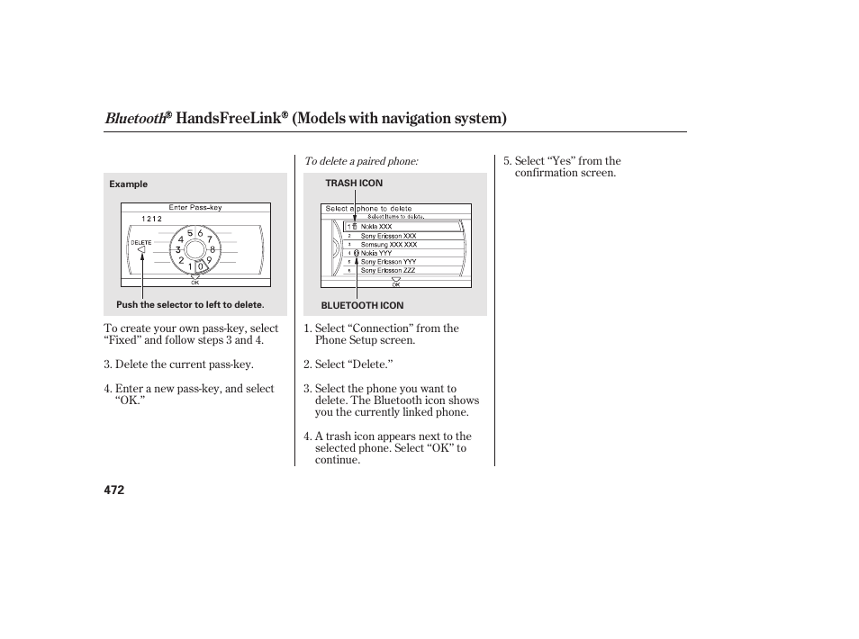 Handsfreelink (models with navigation system), Bluetooth | HONDA 2012 Pilot User Manual | Page 480 / 682