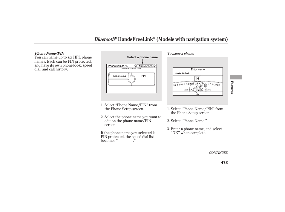 Handsfreelink (models with navigation system), Bluetooth | HONDA 2012 Pilot User Manual | Page 481 / 682