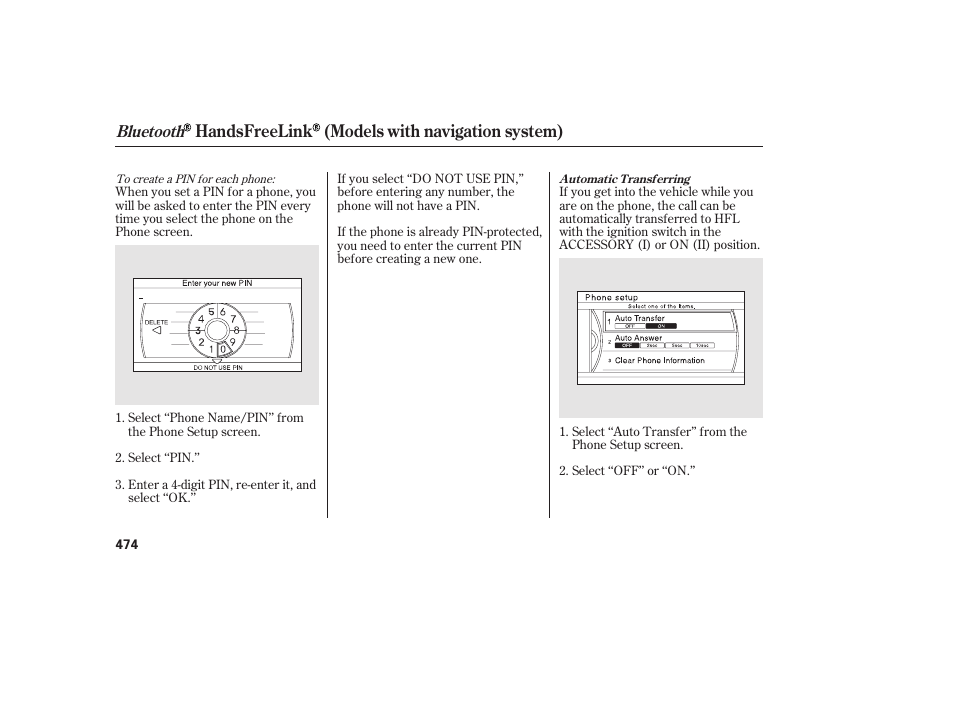 Handsfreelink (models with navigation system), Bluetooth | HONDA 2012 Pilot User Manual | Page 482 / 682