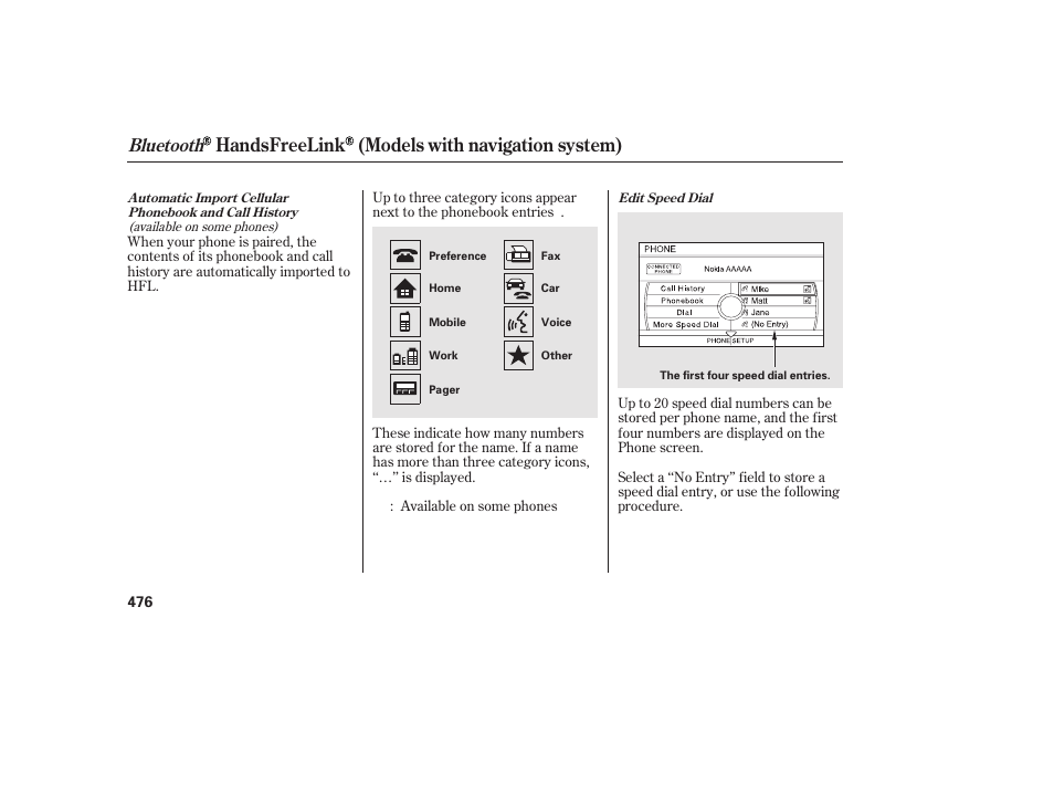 Handsfreelink (models with navigation system), Bluetooth | HONDA 2012 Pilot User Manual | Page 484 / 682