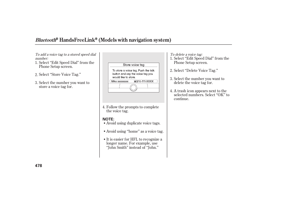 Handsfreelink (models with navigation system), Bluetooth | HONDA 2012 Pilot User Manual | Page 486 / 682