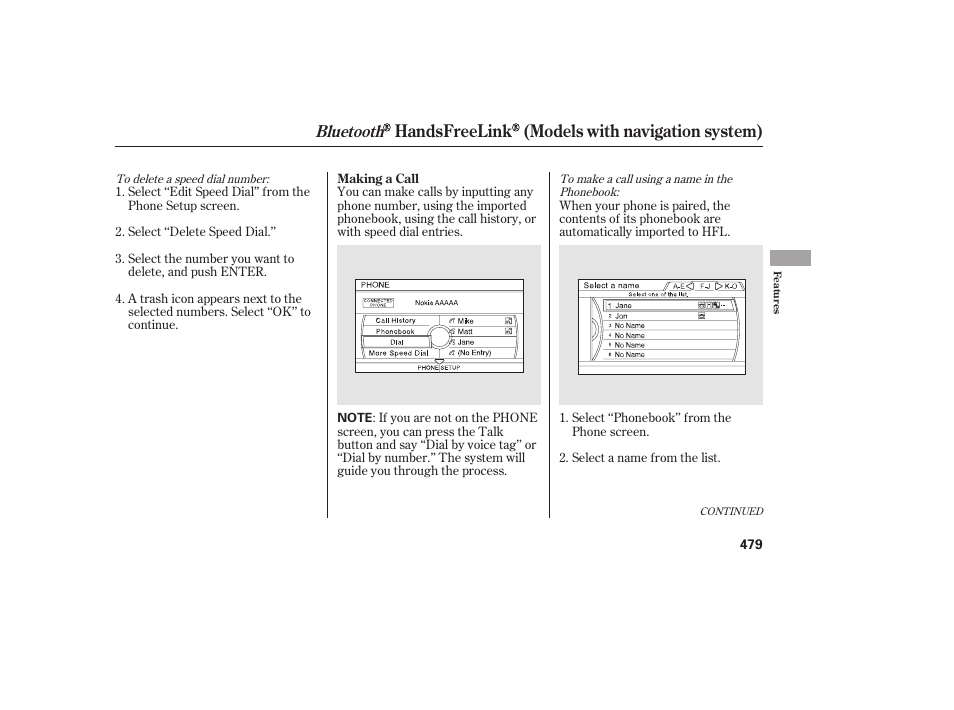 Handsfreelink (models with navigation system), Bluetooth | HONDA 2012 Pilot User Manual | Page 487 / 682