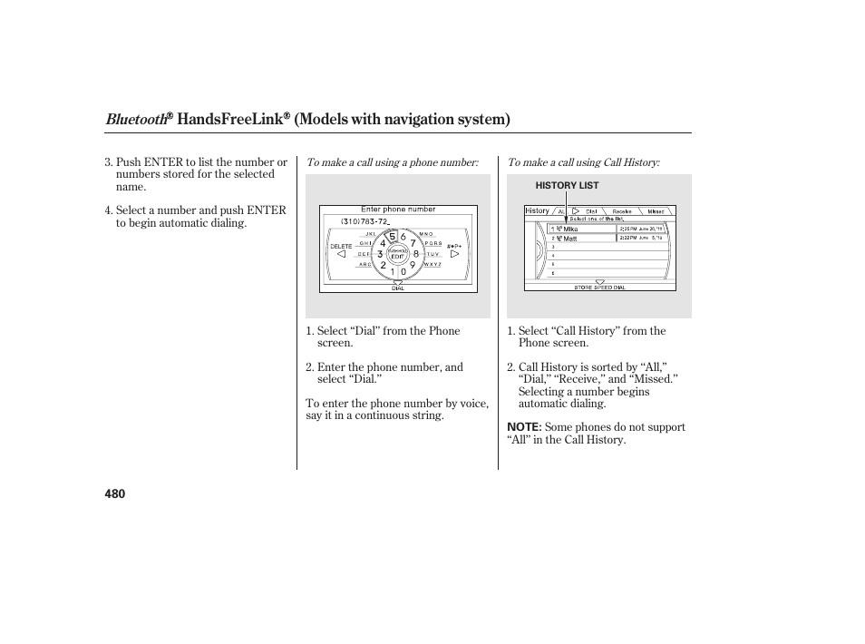 Handsfreelink (models with navigation system), Bluetooth | HONDA 2012 Pilot User Manual | Page 488 / 682