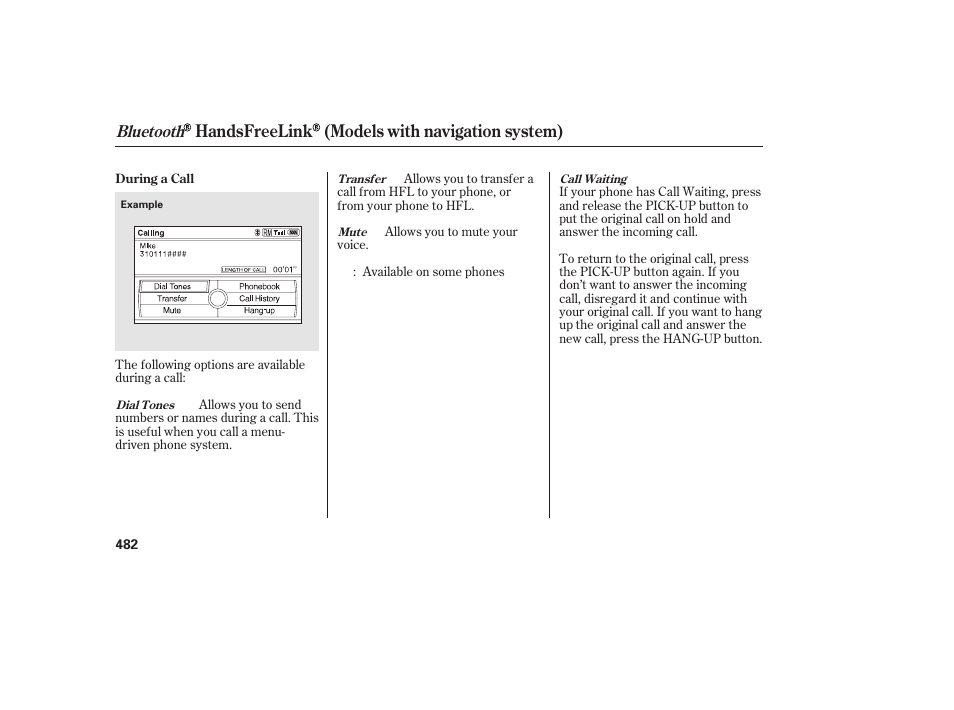 Handsfreelink (models with navigation system), Bluetooth | HONDA 2012 Pilot User Manual | Page 490 / 682