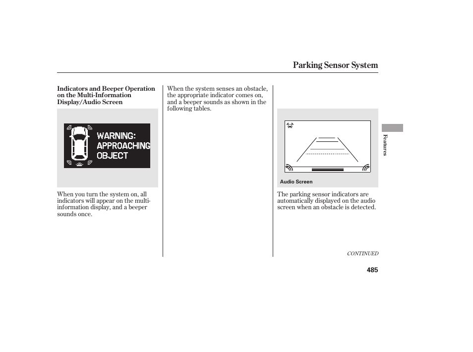 Parking sensor system | HONDA 2012 Pilot User Manual | Page 493 / 682