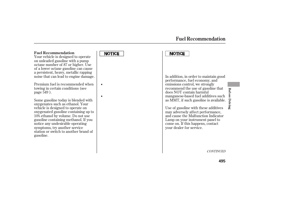 Fuel recommendation | HONDA 2012 Pilot User Manual | Page 503 / 682