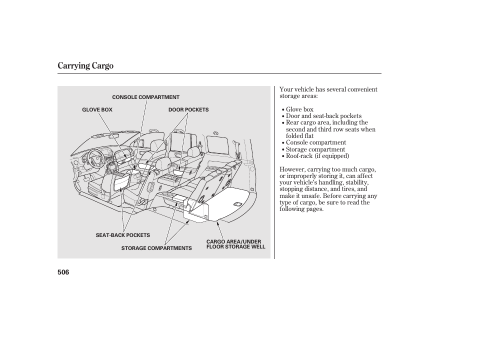 Carrying cargo | HONDA 2012 Pilot User Manual | Page 514 / 682