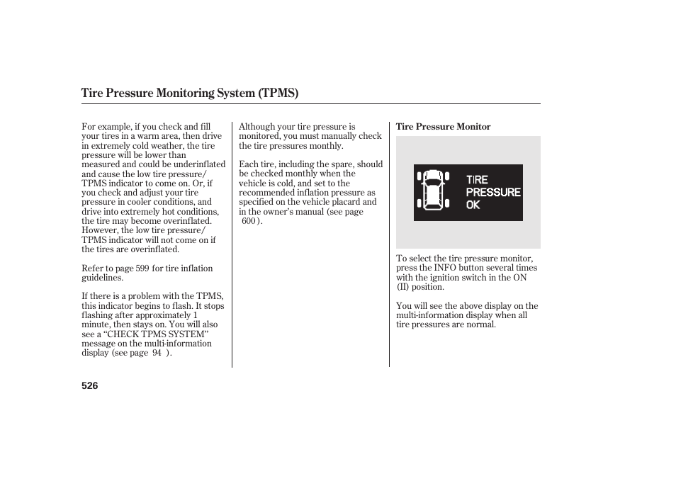 Tire pressure monitoring system (tpms) | HONDA 2012 Pilot User Manual | Page 534 / 682