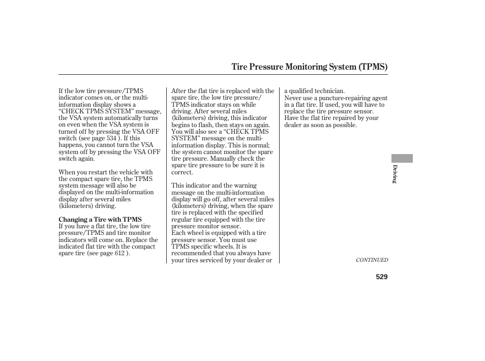 Tire pressure monitoring system (tpms) | HONDA 2012 Pilot User Manual | Page 537 / 682