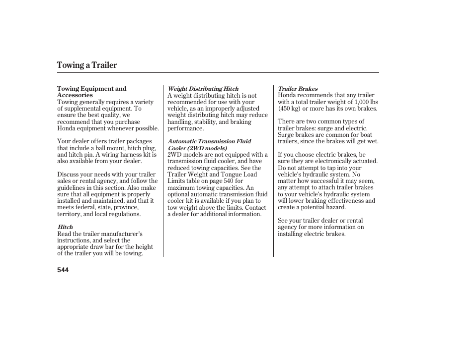 Towing a trailer | HONDA 2012 Pilot User Manual | Page 552 / 682
