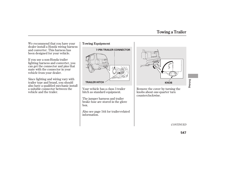 Towing a trailer | HONDA 2012 Pilot User Manual | Page 555 / 682