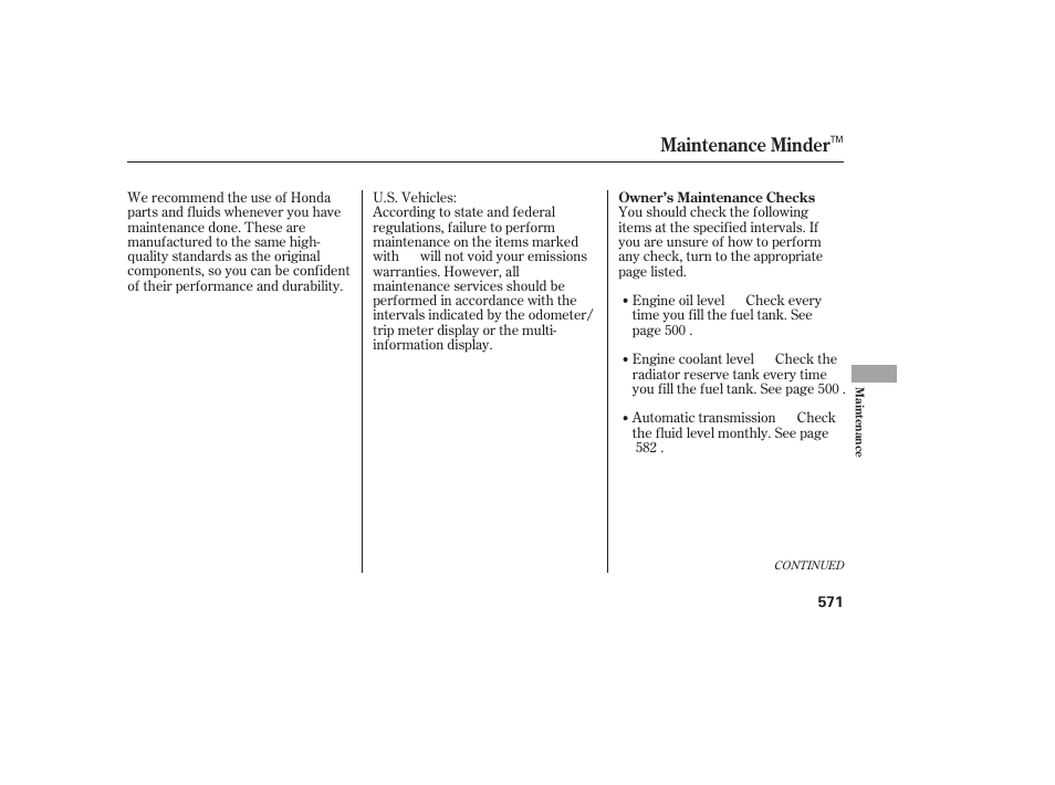 Maintenance minder | HONDA 2012 Pilot User Manual | Page 579 / 682
