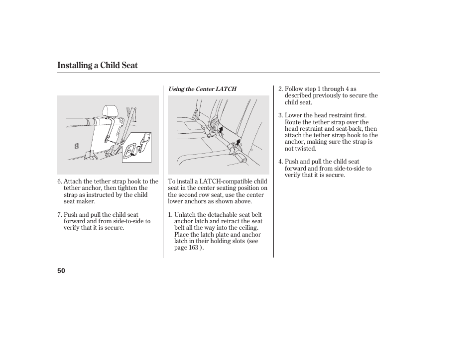 Installing a child seat | HONDA 2012 Pilot User Manual | Page 58 / 682