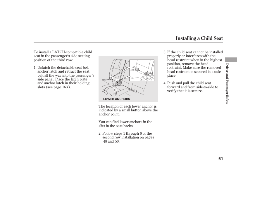 Installing a child seat | HONDA 2012 Pilot User Manual | Page 59 / 682