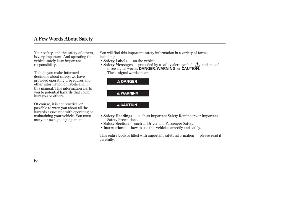 A few words about safety | HONDA 2012 Pilot User Manual | Page 6 / 682