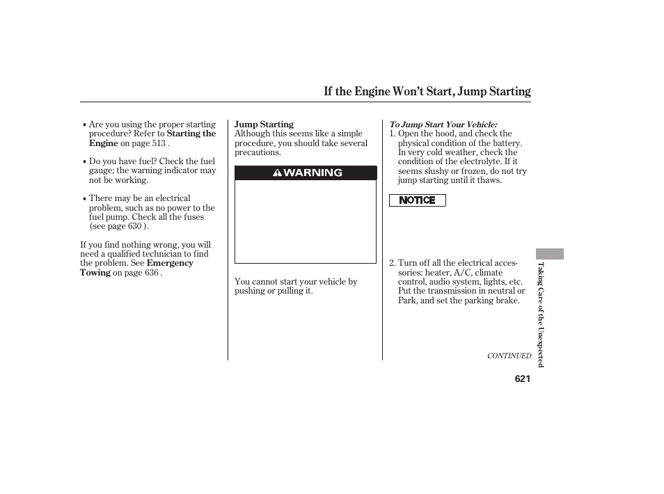 If the engine won’t start, jump starting | HONDA 2012 Pilot User Manual | Page 629 / 682