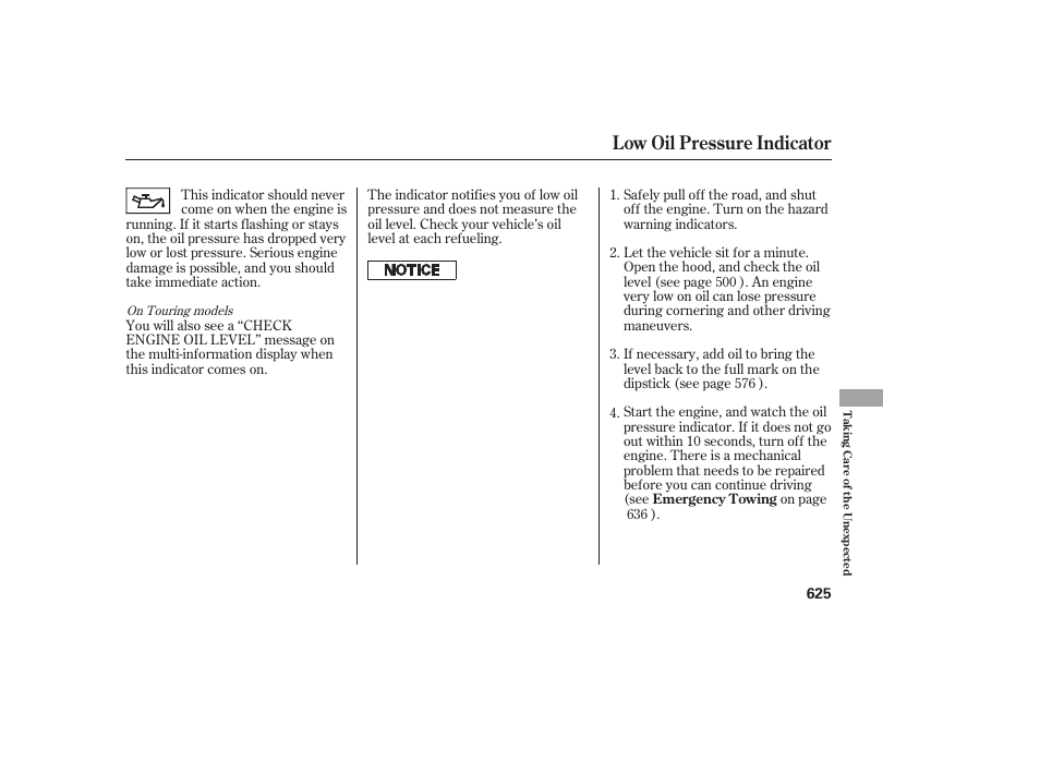 Low oil pressure indicator | HONDA 2012 Pilot User Manual | Page 633 / 682